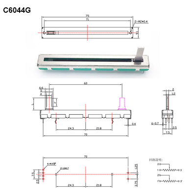 C6044G डुअल पोटेंशियोमीटर कार्बन फिल्म स्लाइड पोटेंशियोमीटर 60mm ट्रैवल 5K 10K लीनियर स्टीरियो पोटेंशियोमीटर